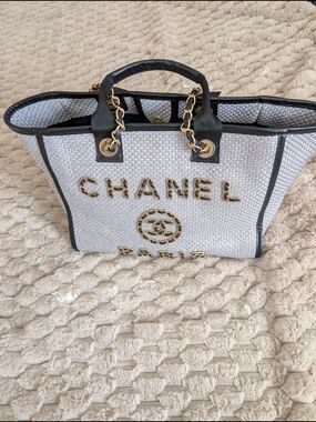 CHANEL White Woven Tote with Black Trim and Gold Hardware